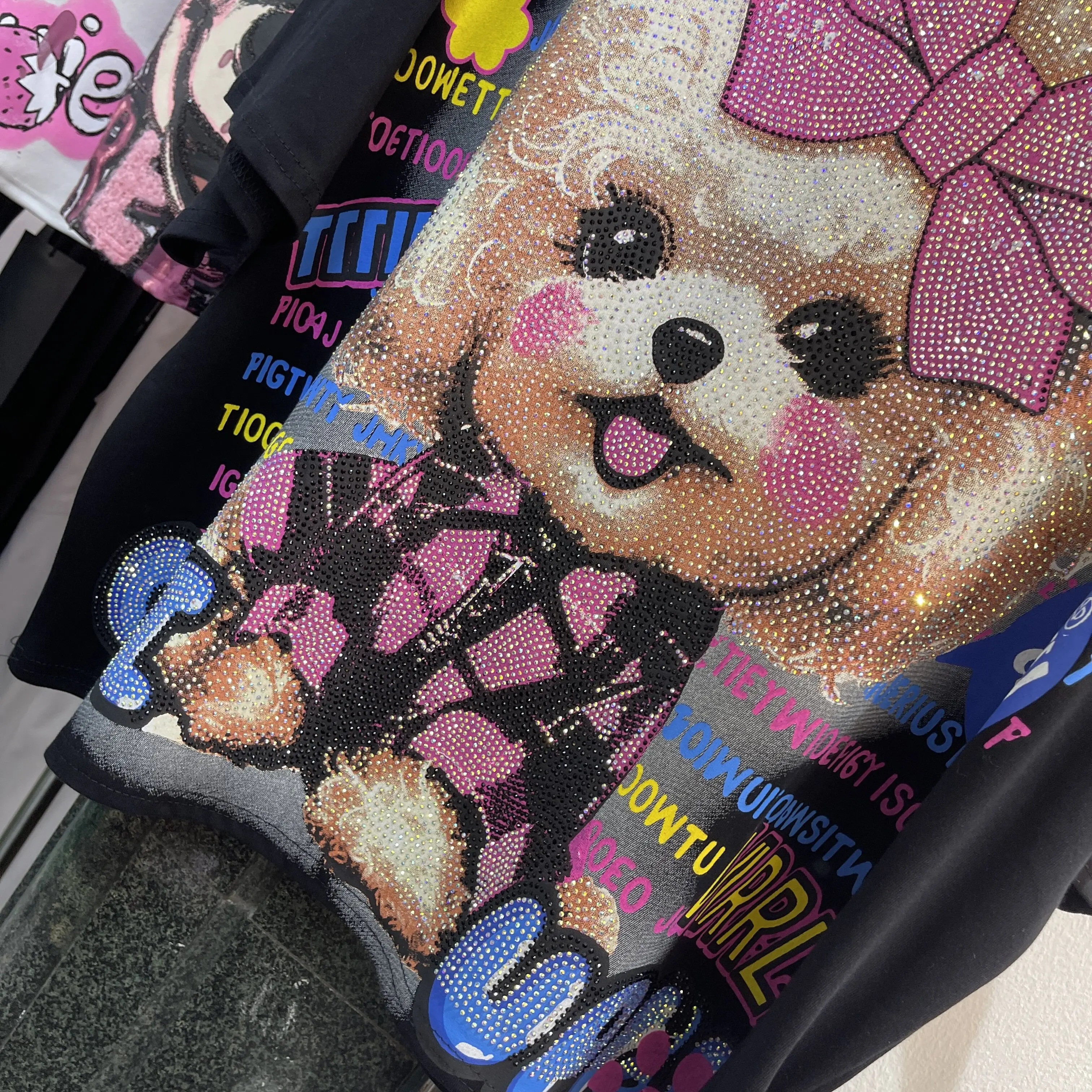 

Trendy Brand Summer Heavy Industry Diamonds Cute Puppy Cartoon Fashion Round Neck Loose Short-sleeved T-shirt Top Women