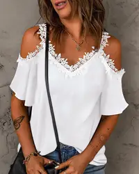 Off Shoulder Lace Women's Blouse Tops Sexy V-neck Short Sleeve White Black Loose Shirt 2023 Summer Office Ladies Blouses