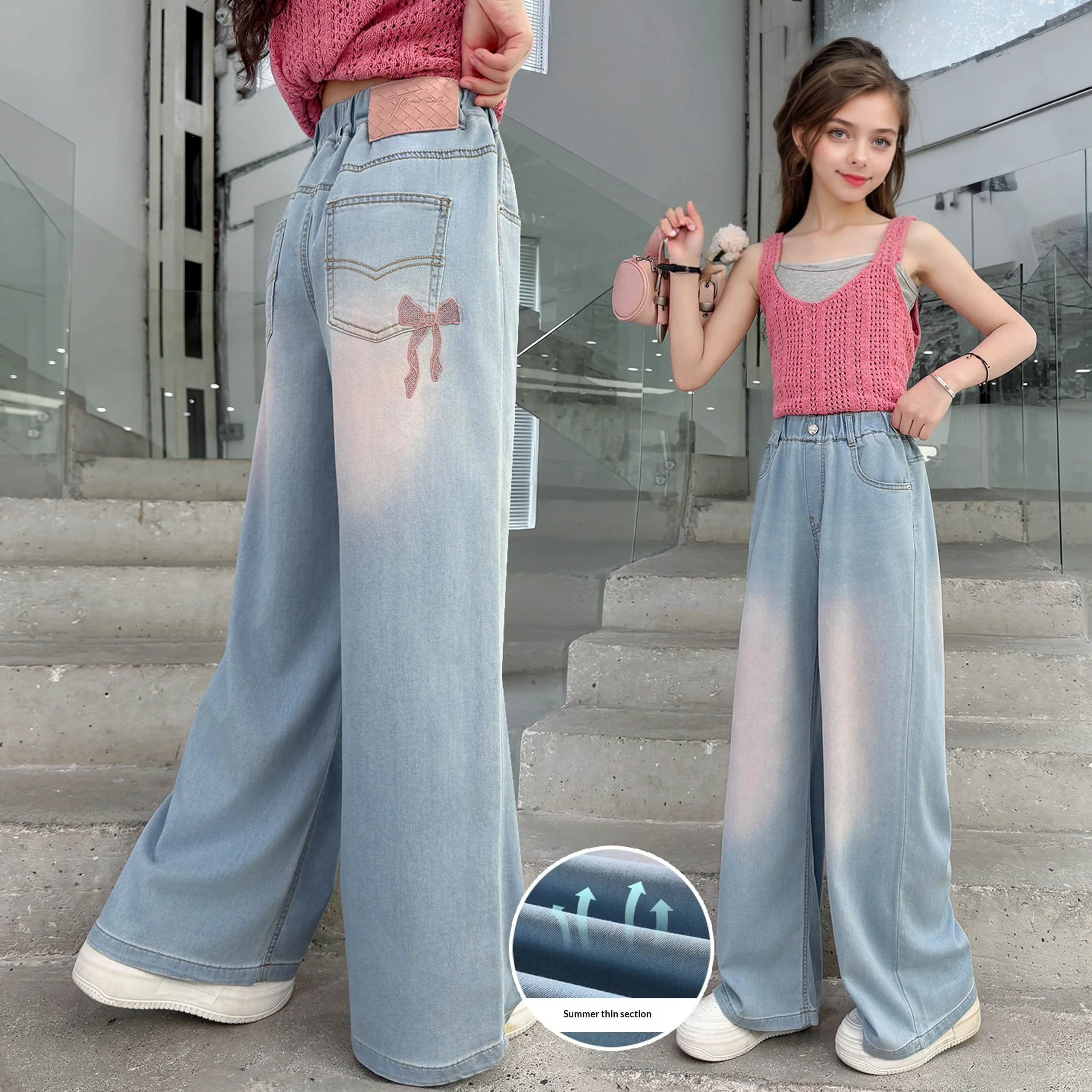

Girls Summer thin wide-leg jeans High-waisted straight trousers for middle and large children Bow embroidery design breathable