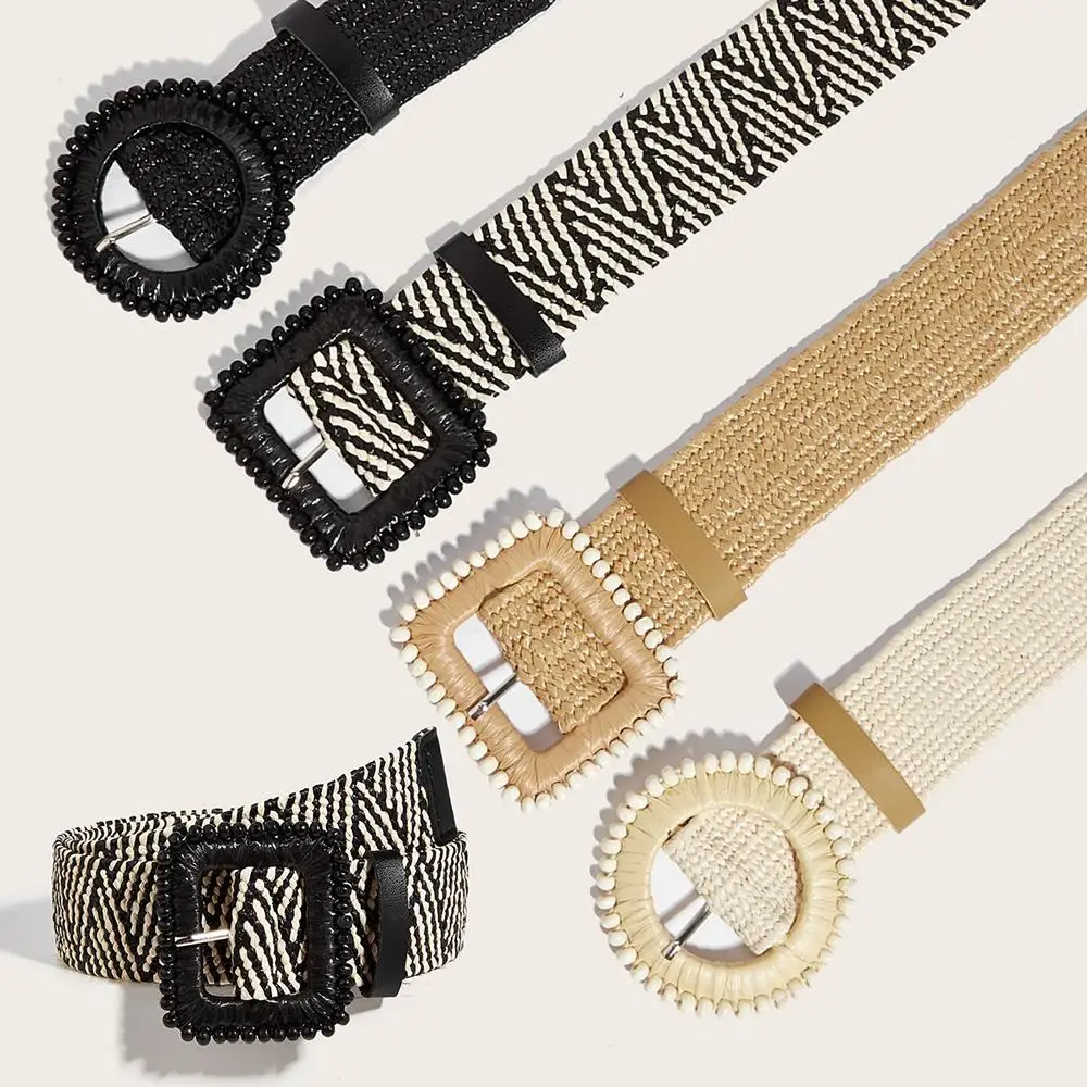 

1pc Women Round Buckle Boho Straw Belt For Beach Ellipse Buckle Bead Decor Bohemian Woven Belt For Holiday Braided Waistband New