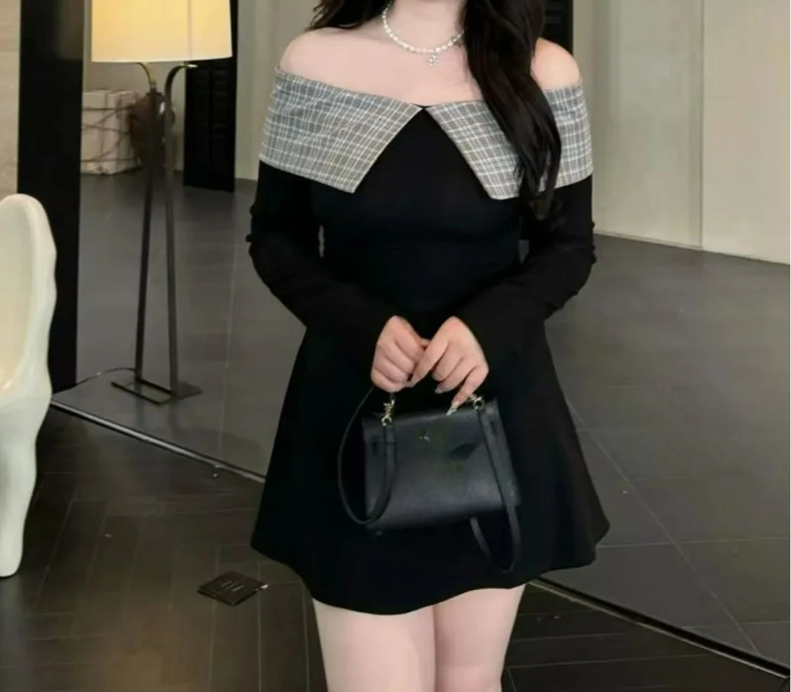 

Women's One-word Shoulder Long-sleeved Dress Autumn and Winter Slim-fitting and Thin Temperament Sexy Short Skirt