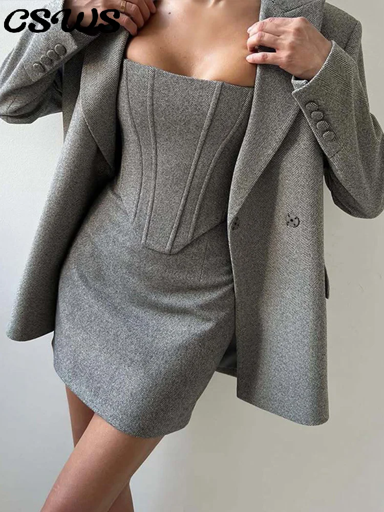 

Elegant Solid Jacket 3 Piece Set Women Long Sleeve Blazer Sleeveless Tank Top Hip Package Skirts 2025 Spring Summer Lady Outfit