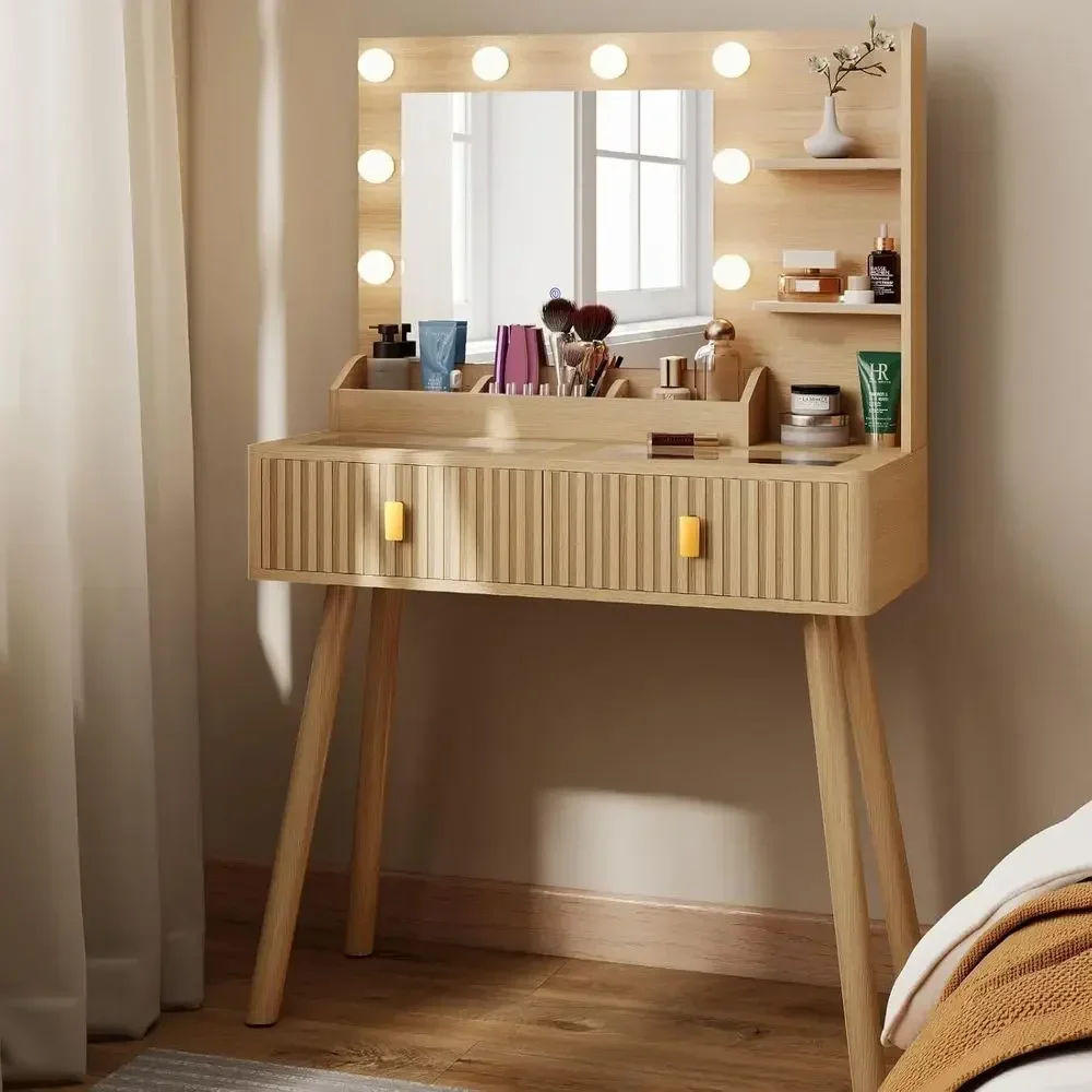 31.5 Luted Dressing Table with Mirror and Bulb Lights, Desk with 2 Drawers, Vanity Desk with Glass Top & Dividers for Bedroom, 3
