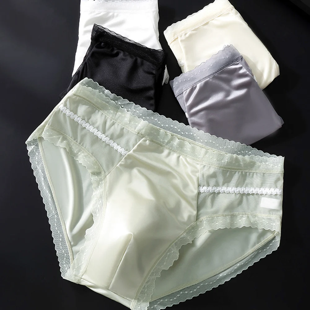 Men's Sexy Lace Solid Color Ice Silk Briefs Sexy Accessories Hot Underwear 3D Bulge Pouch Unisex Panties Soft Men's Clothing