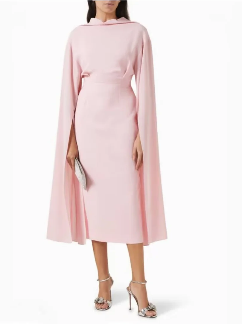 

Customized Short Pink Crepe Evening Dresses with Cape Mermaid Pleated حزب اللباس Tea Length Zipper Back Prom Dress with Slit