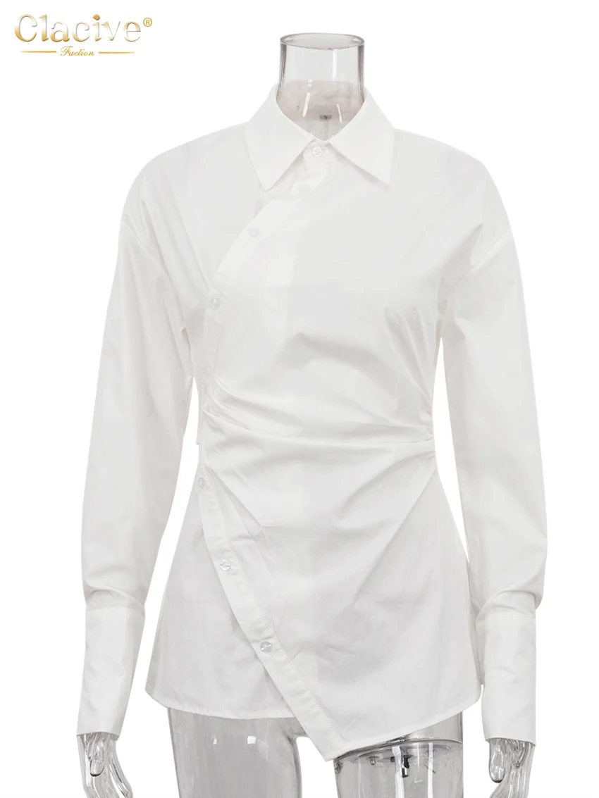 Clacive Fashion Slim White Cotton Women's Shirt 2025 Bodycon Lapel Long Sleeve Shirts Elegant Classic Solid Top Female Clothing