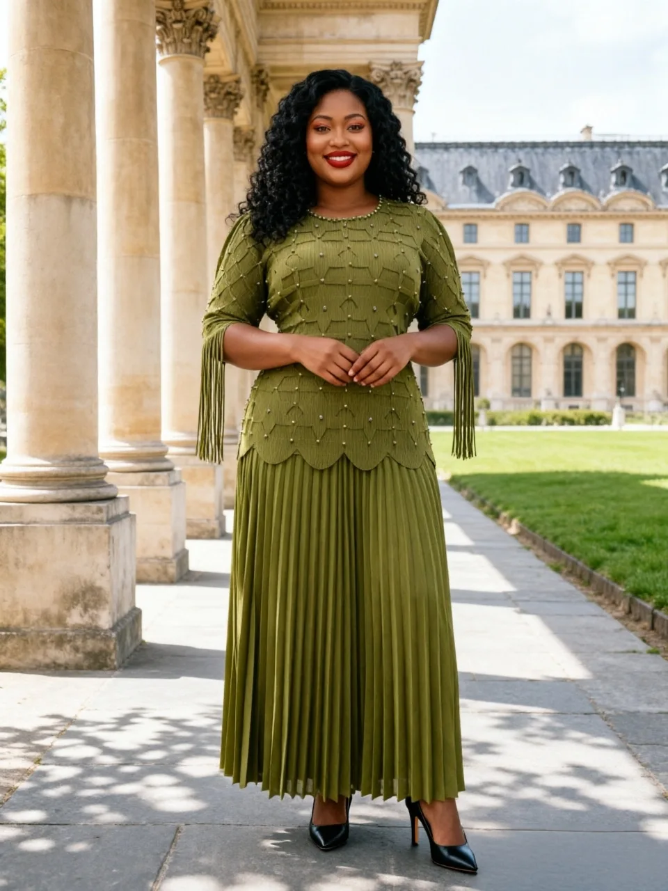 Miyake Crumpled African Loose Suit Fashion Beads Temperament Elegant Top Trousers Two-piece Set