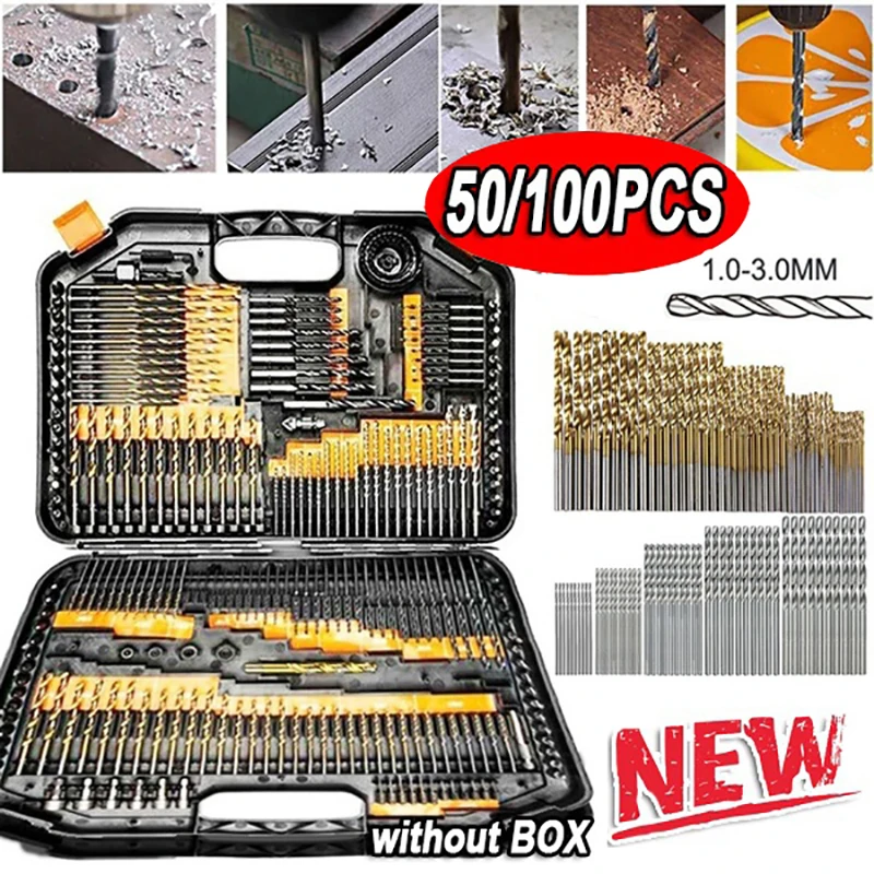 Forets revêtus de titane HSS, ensemble d'outils en acier rapide, outils électriques de qualité, 100mm, 1/1mm, 2/2mm, 3mm, 50 pièces