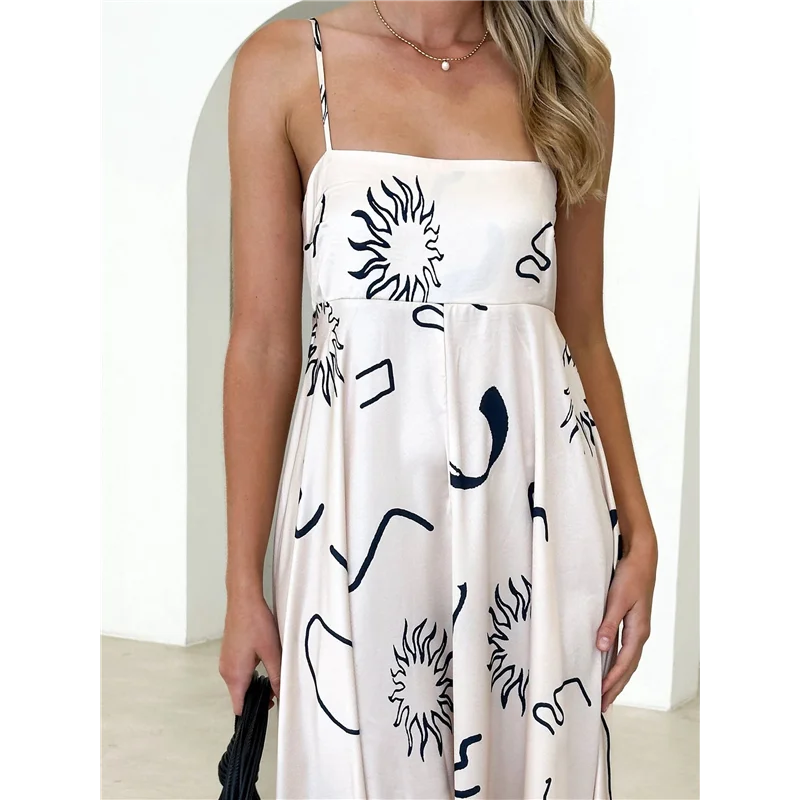 ABRT-Damska Sukienka Maxi z Grafiką na Cienkich Ramiączkach, Kwiatowa Sukienka Boho, Długa, Zwiewna Sukienka Letnia na Wakacje na Plażę