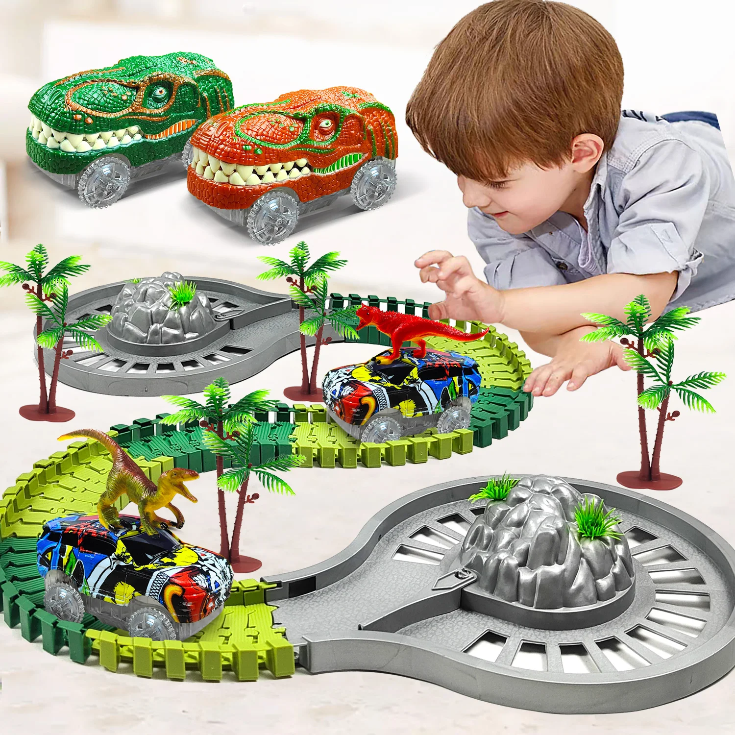 Dinosaur World Race Track Toys Car Flexible Track for Kids - Best Birthday Gifts for Age 3 4 5 6 7 Year Old Boys and Girls