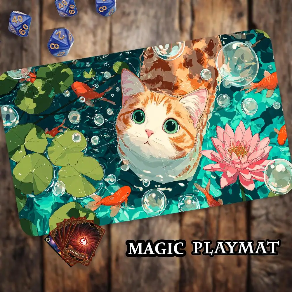 Cute orange cat and koi fish TCG Playmat Magic Card Battle Mat Non-Slip Durable 35X60CM Commander playmat Board Game Mat for TCG