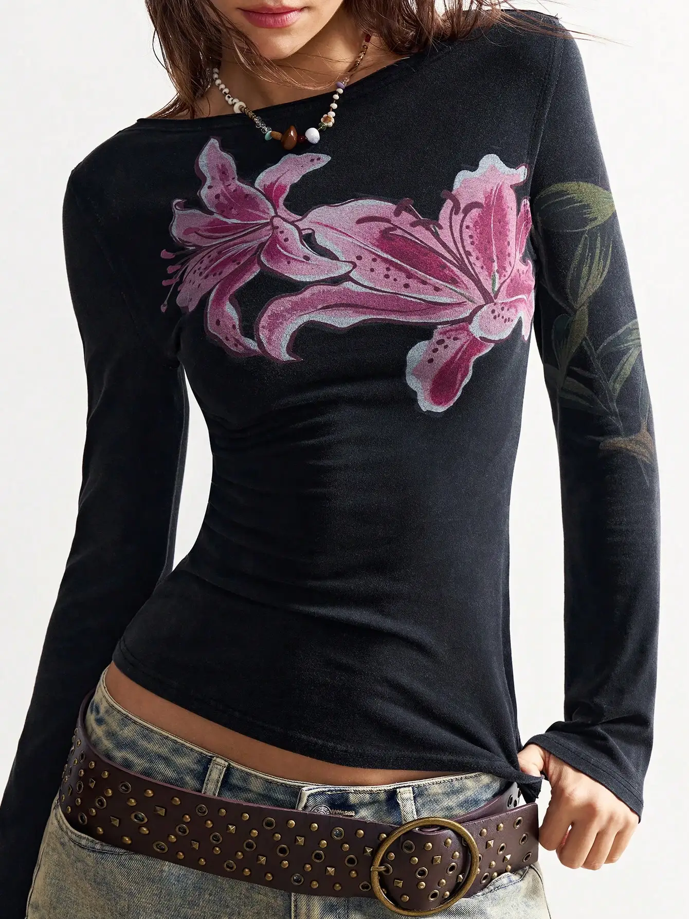 Boho One Shoulder Long Sleeve Floral T-Shirt For Women Casual Crop Top