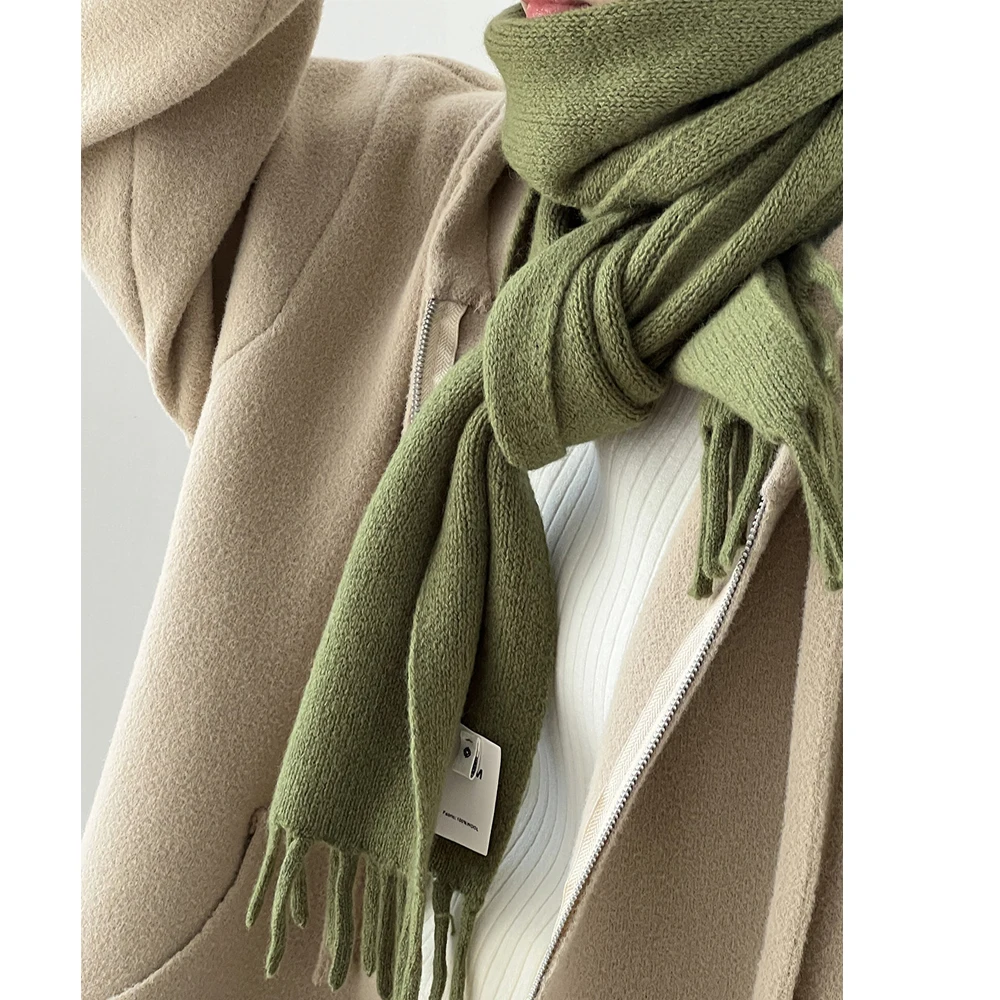 2024 Women Winter Warm Cashmere Scarves Solid Color Tassels Hem Vintage Women Beige Scarf Female Scarves