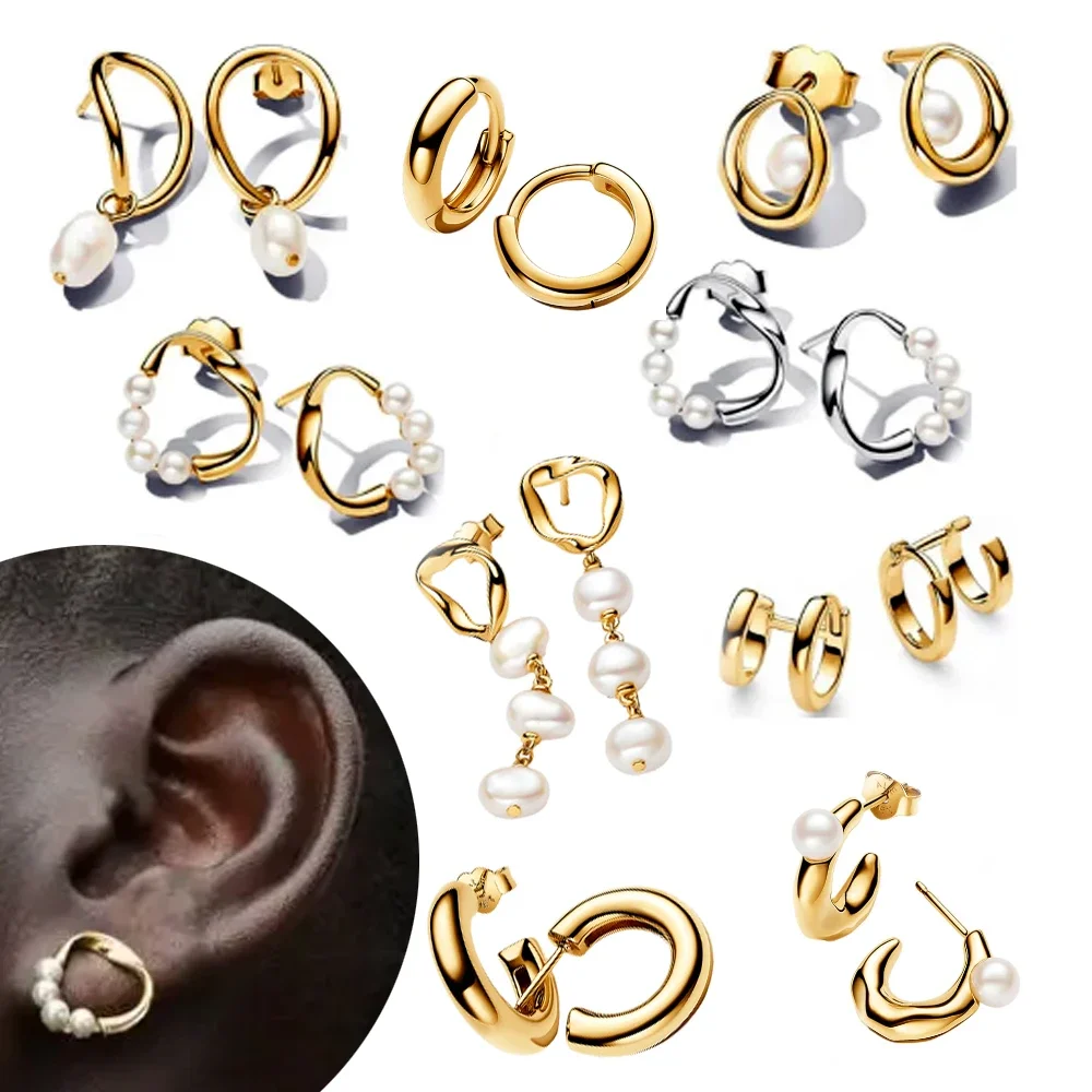 New 925 Sterling Silver Collection Gold Pearl Irregular Organic Freshwater Pearl Earrings for Women Jewelry Gift