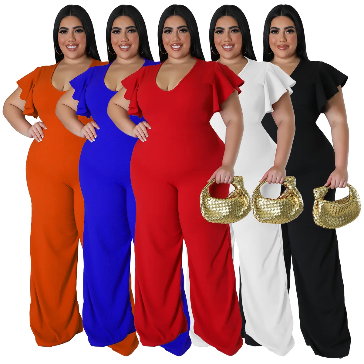 Big Size Loose Wide Leg Pants Fashion Women Jumpsuit V Neck Ruffles Short Sleeves Solid Elegant Office Lady Party Rompers 4XL