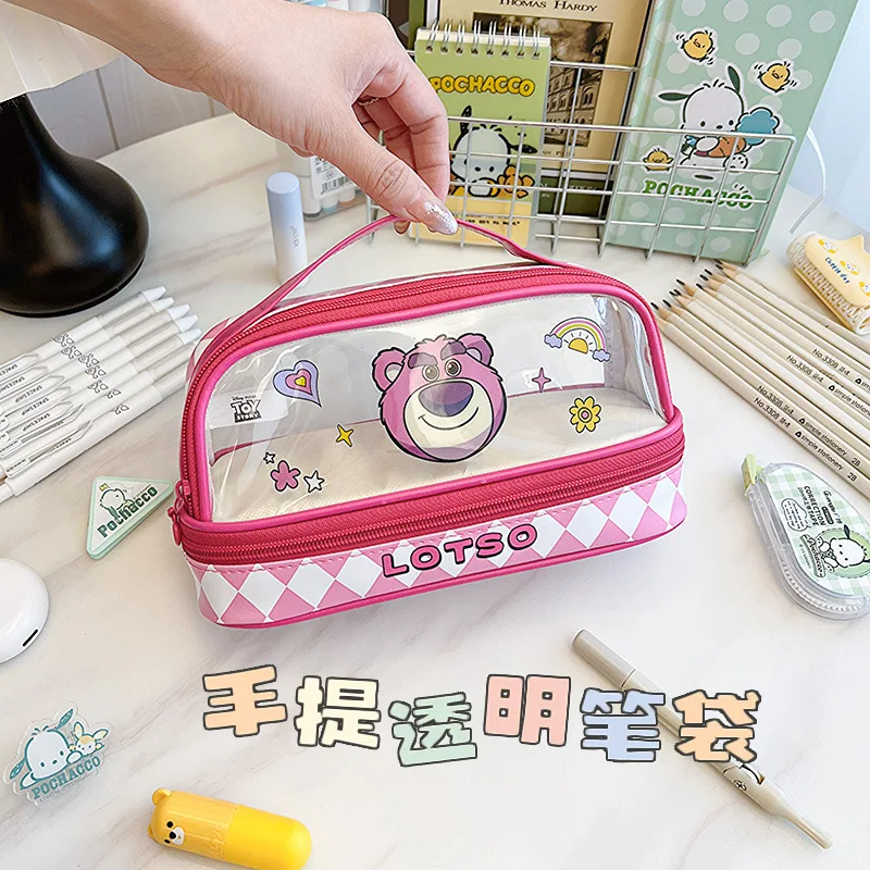 Disney Stitch Anime Kawaii Pen Pencil Case Cartoon Large Capacity Transparent Double Layer Pencil Cartoon Stationery Pen Bag