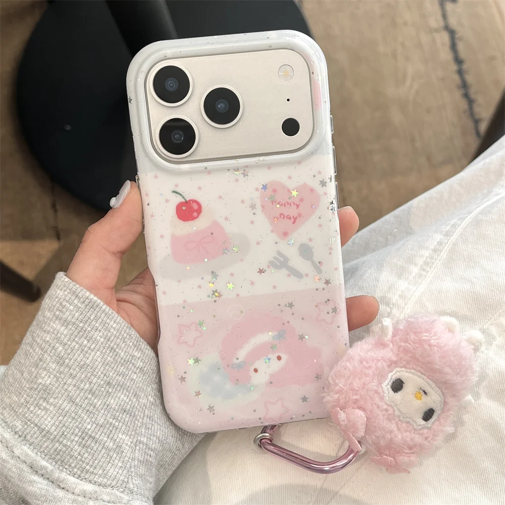 

Cute Bow Dherry Glitter Cartoon Phone Case for iPhone 15 Pro Max 16 13 14 17 Pro Case Plush Melody Pendant Protective Cover Fund