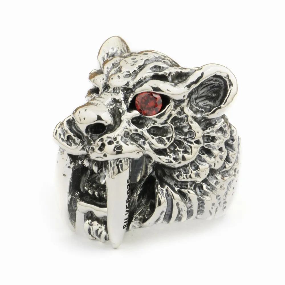 Huge 925 Sterling Silver Red CZ Eye Sabretooth Ring Biker Rock Punk Tiger Jewelry TA17 US Size 7~15 BZ