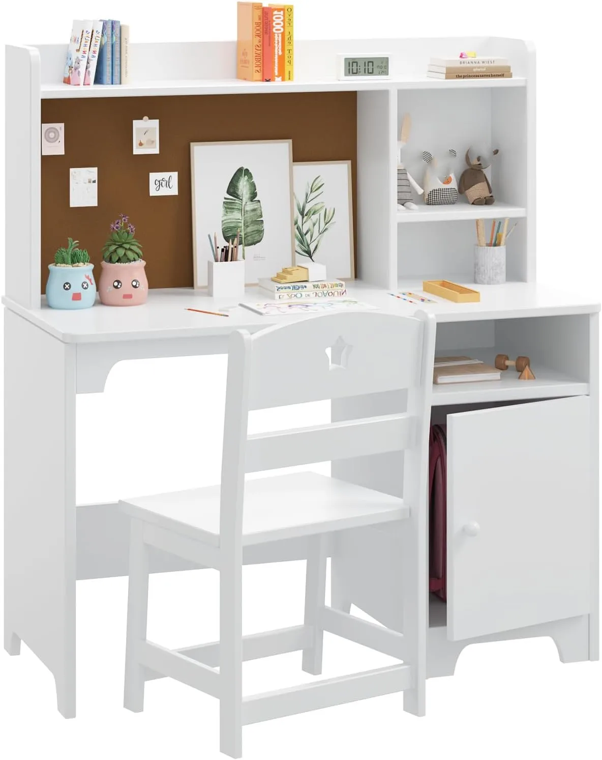 

Kids Desk and Chair Set,Study Desk for Kids with Hutch, Storage Cabinet, Wooden Children Study Table, Student Writing Desk