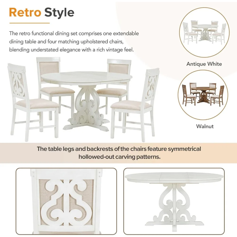 round dining table set for 4, extendable kitchen table set with 4 upholstered chairs, 5-piece farmhouse table and chairs set fo