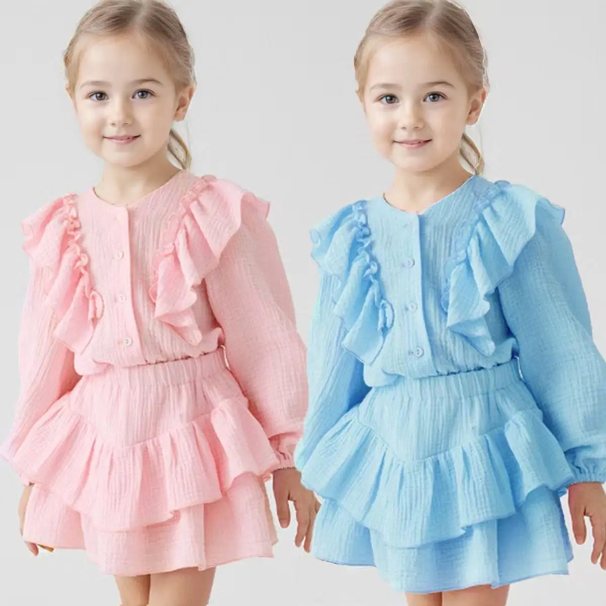 Trendy Russian Style Girls 2Pcs Outfit Spring Autumn Cotton Flutter Sleeve Shirt Ruffle Hem Skirt British Style 2 Piece Set