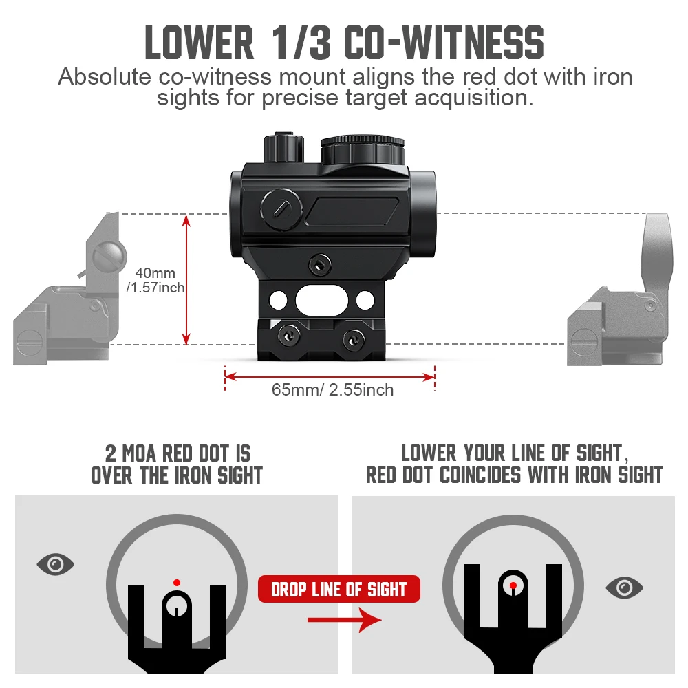 

Precise 2 MOA red dot for quick aim. Fits 20mm Picatinny rails with dual-height mounts. Ready to use out of the box.