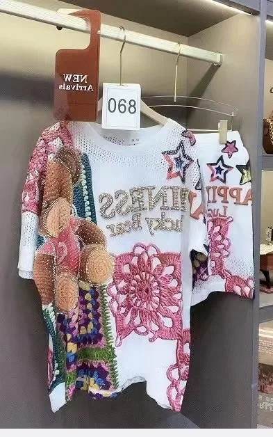 2024 2 Piece Sets Womens Outfits Cartoon Diamonds Embroider Pattern Shorts Set Casual Knitted Tops and Shorts Костюм Для Девочки
