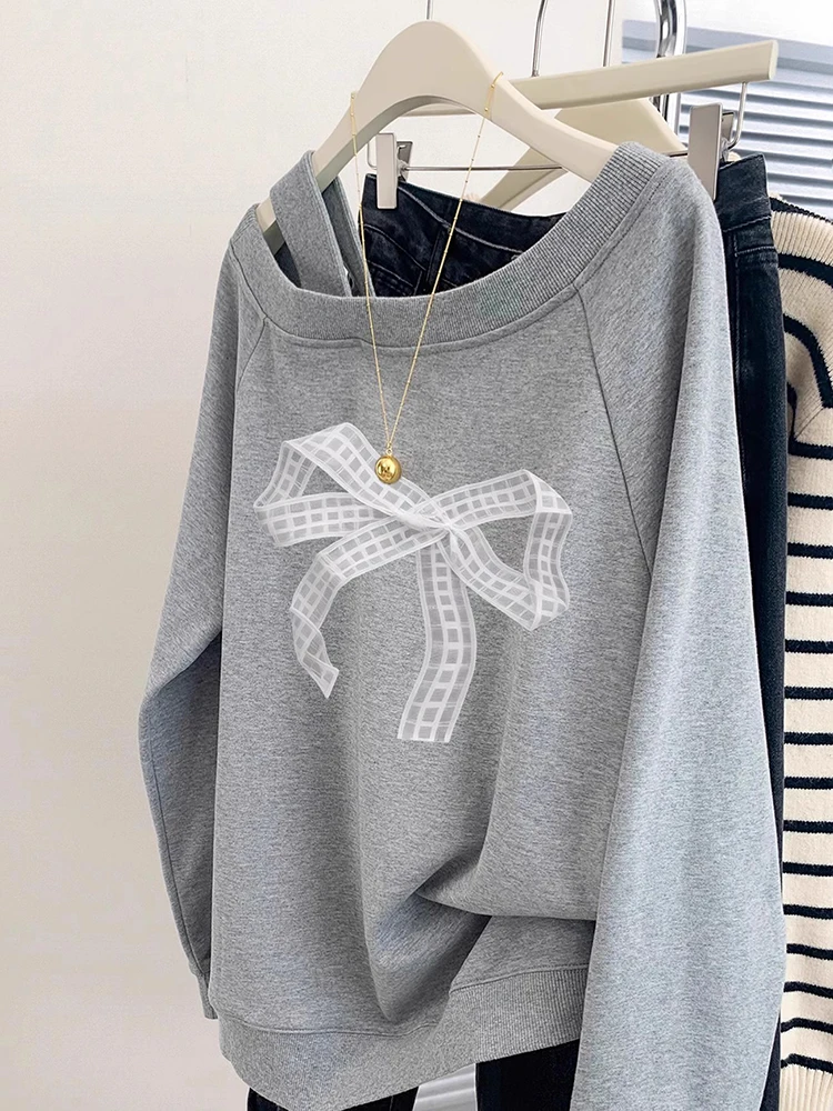 Bow Long Sleeve Off Shoulder Loose Hoodies Spring Autumn New Solid Color Lazy Style Pullovers Tops Fashion Casual Women Tops