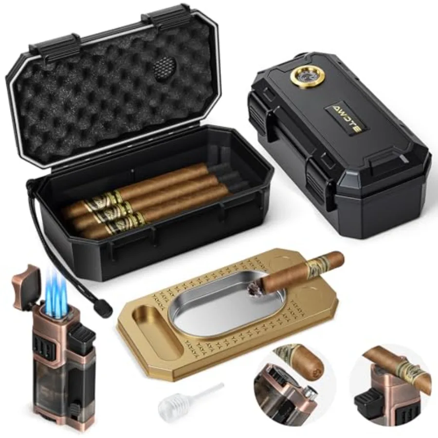

Travel Cigar Humidor Set with Torch Lighter, Ashtray, Holder, Humidifier Hygrometer, Portable Travel Cigar Case with Cigar Acco