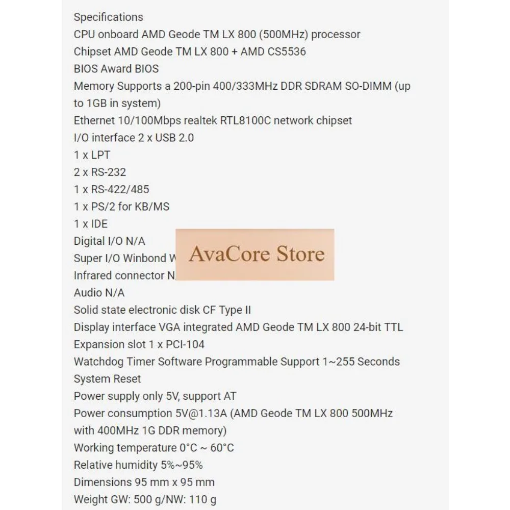 AvaCorePM-LX-800-R11 100%OK PCI104 Mainboard Fanless IPC CPU Board PC/104 Embedded Industrial Motherboard