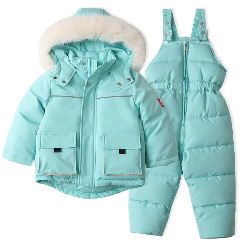 Children\'s Ski Suit Set Thick Warm Windproof and Waterproof Cotton Jacket and Overall Pants 2pcs Set 2024 Winter New Snow Wear