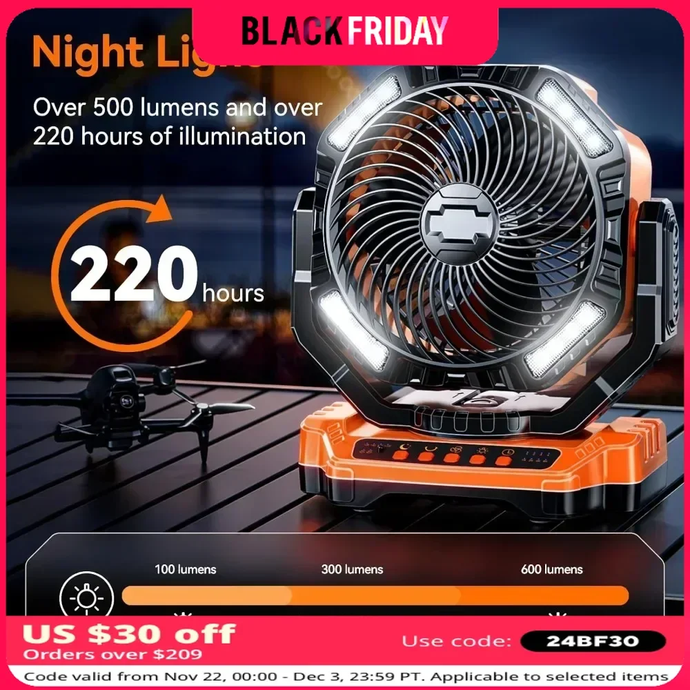 Fan with LED, 20000mAh Rechargeable Battery Powered Outdoor Tent Fan with Light and Hook, 4 Speed, Personal USB, Fan