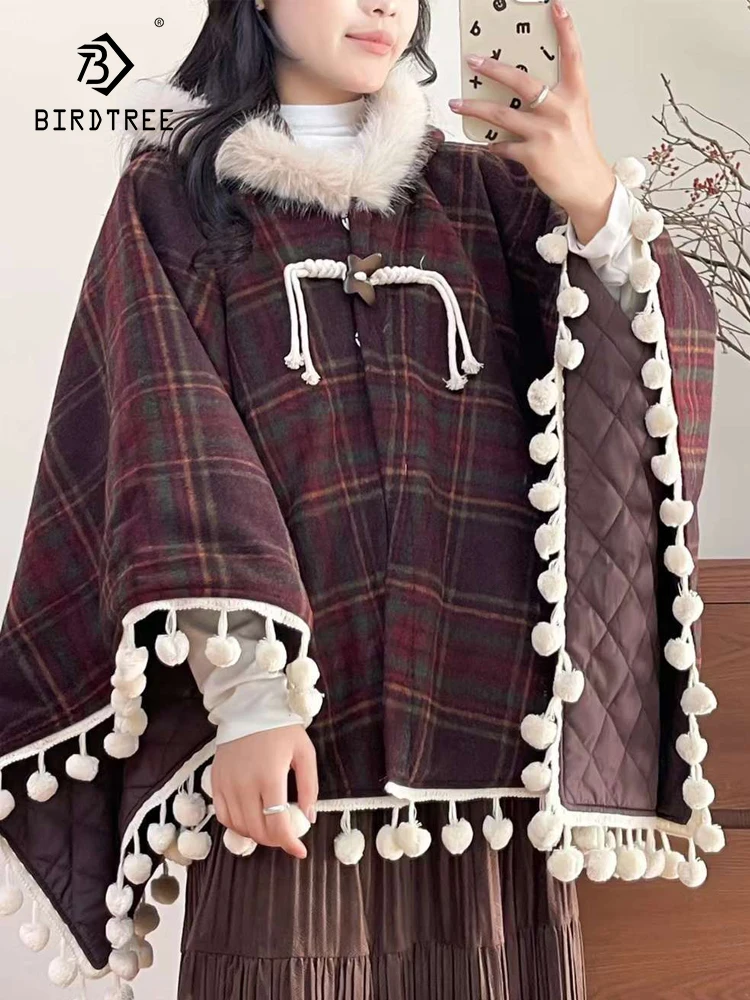 

New Autumn Cotton Hooded Cloak, Women Plaid Tassels Padded Coat, Mori Girl Loose Sweet Japan Style Thick Shawl, Winter C4N014CC