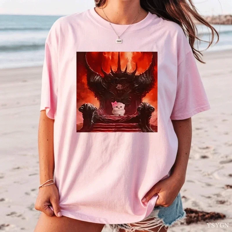 Fantasy Cat T-Shirt Men Women Dark Throne Graphic Tee Vintage Washed Meme T Shirt Round Neck Printed Cotton Short Sleeve Tshirt