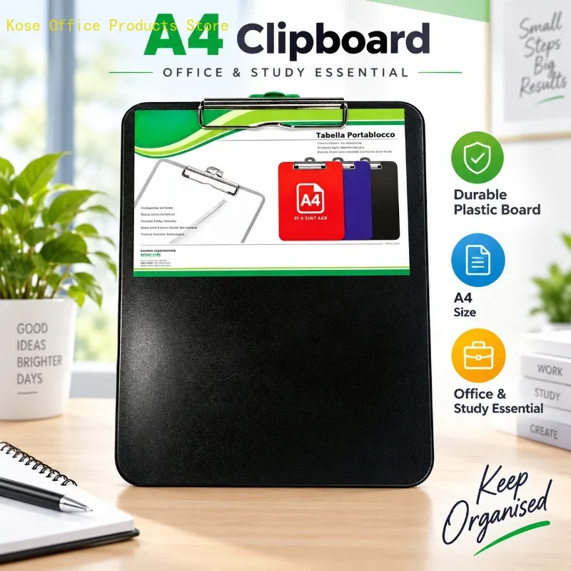 Planche à écrire en plastique format A4 avec pince métallique robuste, support de documents durable pour le bureau, l'école, les études, la maison, les notes, l'organisation des papiers et la papeterie.