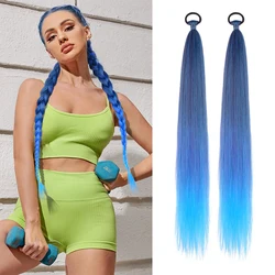 DIY 26 inch ponytail extension with elastic tie straight Sleek wrap braid yellow blue gradient ponytail