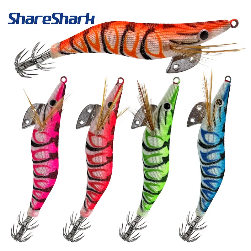 ShareShark 5pcs/bag Luminous Squid Jig Fishing Wood Shrimp Lure Squid Cuttlefish Jigs Lures Spinnerbait Shrimp For Sea Fishing