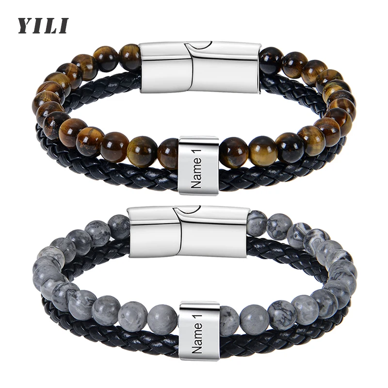 Custom Name Leather Beads Bracelet for Men 6mm Natural Tiger Eye Stone Personalized Engraved 1-6 Name Stainless Steel Bracelets