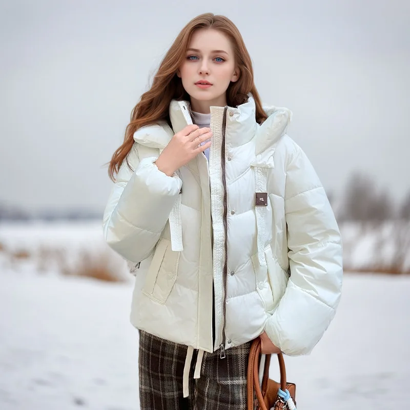 Spliced Lady's Winter Parka Jacket Solid Color Single Breasted Hooded Loose Fit Female's Padded Coat Slouchy-Style Top For Women