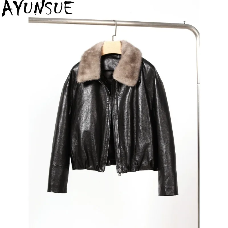 AYUNSUE Sheepskin Real Leather Jacket Women Winter Clothes Mink Fur Collar 90% White Goose Down Coat Woman Liner Detachable