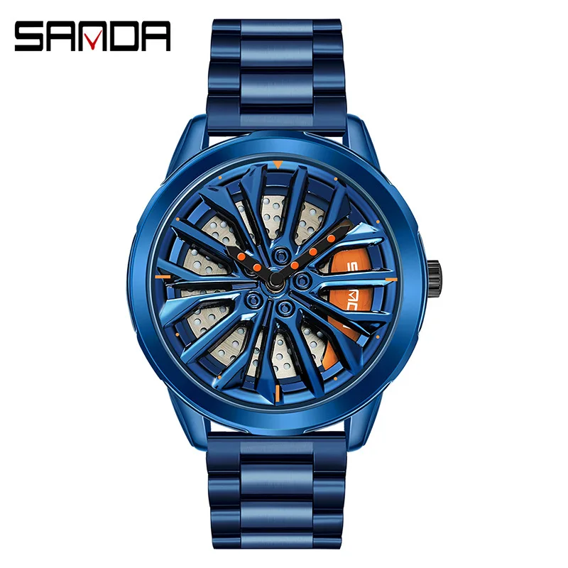 

SANDA 1063 Hot Sell Fashion Car Wheel Watch 360 Rotating Dial Clock Leather Waterproof Rim Hub Quartz Wristwatch Masculino