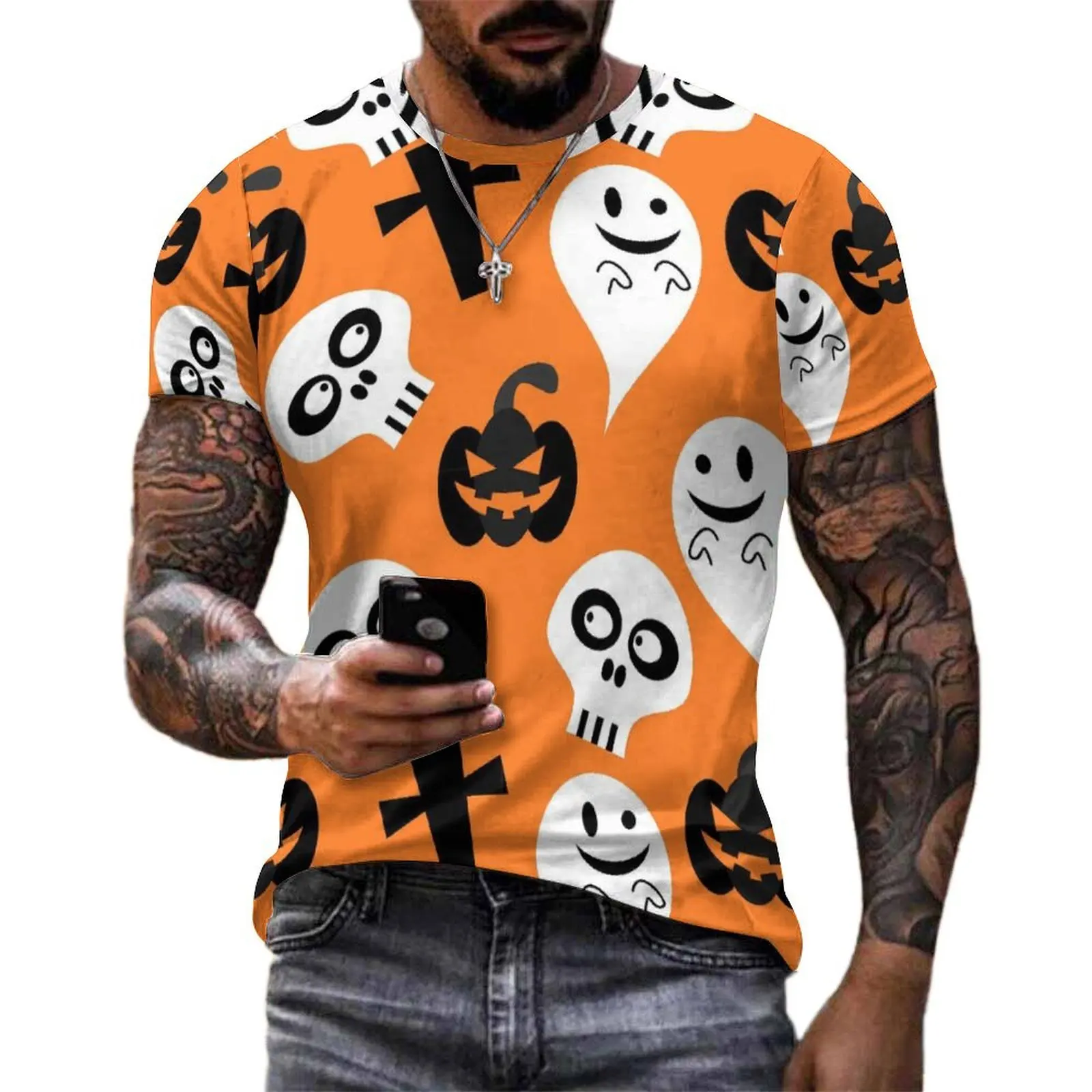 Happy Haunts Print T-Shirt Halloween Ghost Retro T Shirts Short-Sleeved Pattern Tshirt Wholesale Summer Kawaii Oversized Tees
