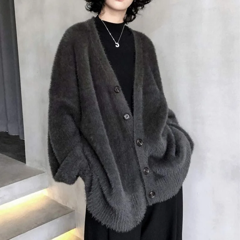 

Lazy Feng Shui Mink Down Sweater Cardigan Mid-Length V-Neck Autumn And Winter New Loose Jacket Women