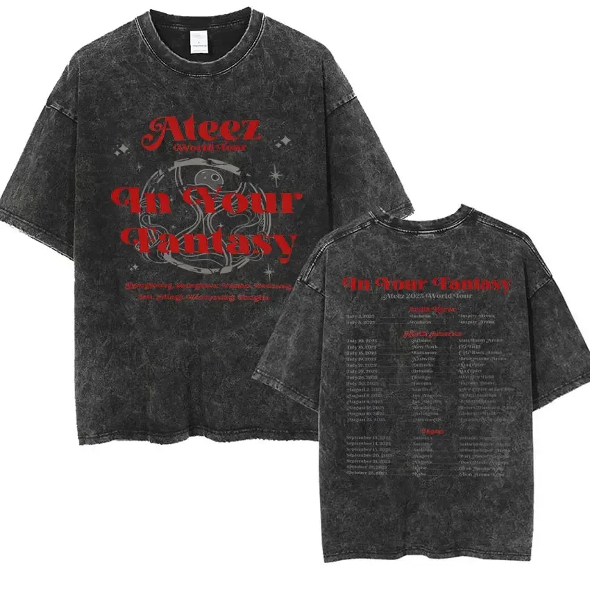 Customization Shirt Korean Ateez In Your Fantasy World Tour 2025 Vintage Washed T-Shirt Men's Women Harajuku High Quality Cotton