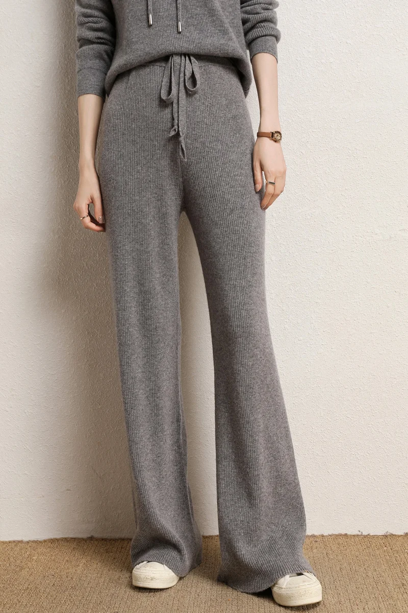 Autumn and winter new high-waisted loose wool knitted wide-leg trousers for women to wear straight leg wide-leg moped trousers