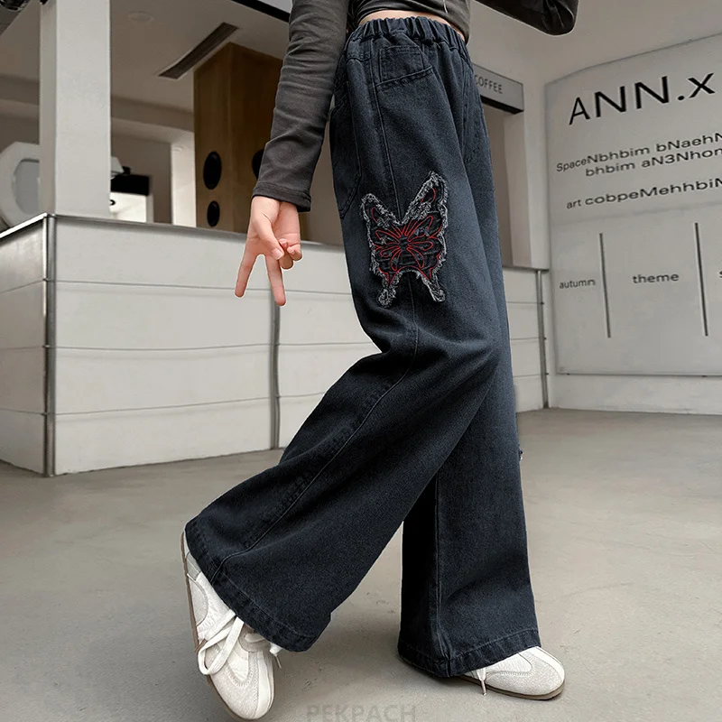 Moda para chicas, pantalones vaqueros de pierna ancha con mariposas, pantalones de corte recto, ropa de moda para niños, pantalones vaqueros negros y azules para niños de 5 a 14 años