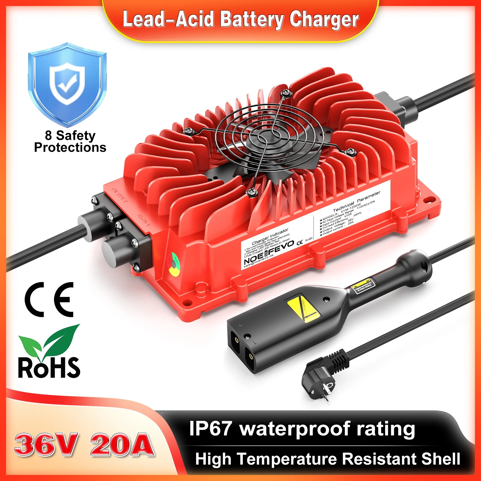 NOEIFEVO 36V 20A Golfwagen-Ladegerät EZGO TXT D-Plug Schnellladung IP67 Wasserdicht Smart-Lüfter für Blei-Säure AGM Gel Batterie Ladegerät