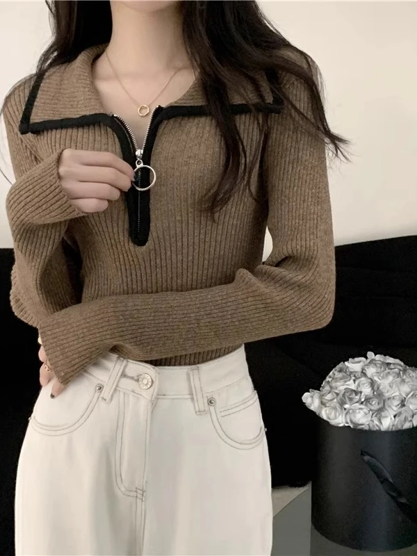 

Women's Zipper Collar Knitted Long Sve Sweater Slim Fit Autumn Winter New Sle Faionable Base irt Inner Wear Top