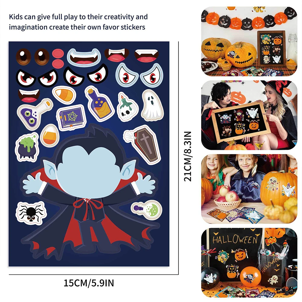 8/16Sheets Make a Face Puzzle Stickers Kids Game Create Your Own Vampire Pumpkin Witch Children Toys Halloween Party Decoration