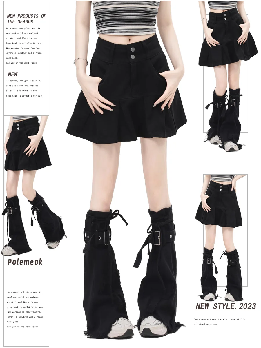 Black Pleated  Skirt Set Women's Denim A-Line Half-length Anti-exposure Skirt Street Style High Waist Cotton Polyester